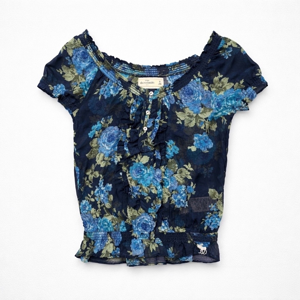 Abercrombie Kids Blue Floral Sheer Peasant Top Boho Coquette Cottagecore M